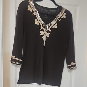Talbots Black Tunic with Cream Floral Accents